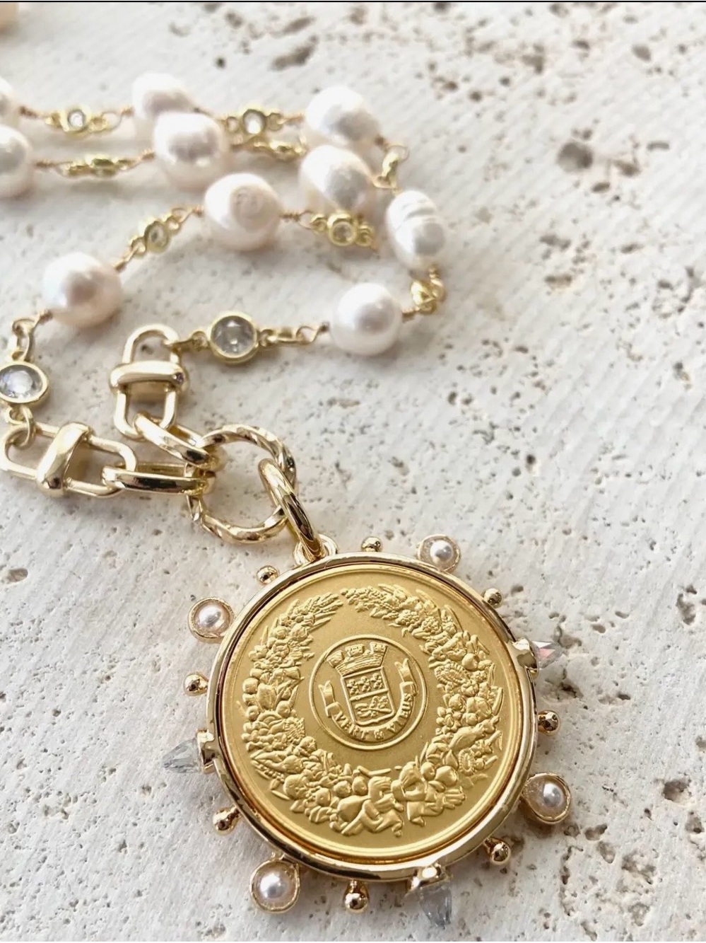 Gold French Pearl Coin Pendant Necklace - Women Jewelry